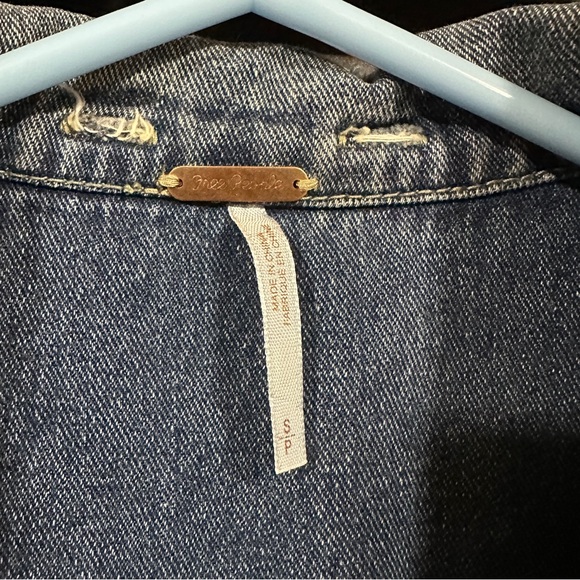 Free People Blue Denim Jacket with Gray Sleeves - Picture 3 of 12